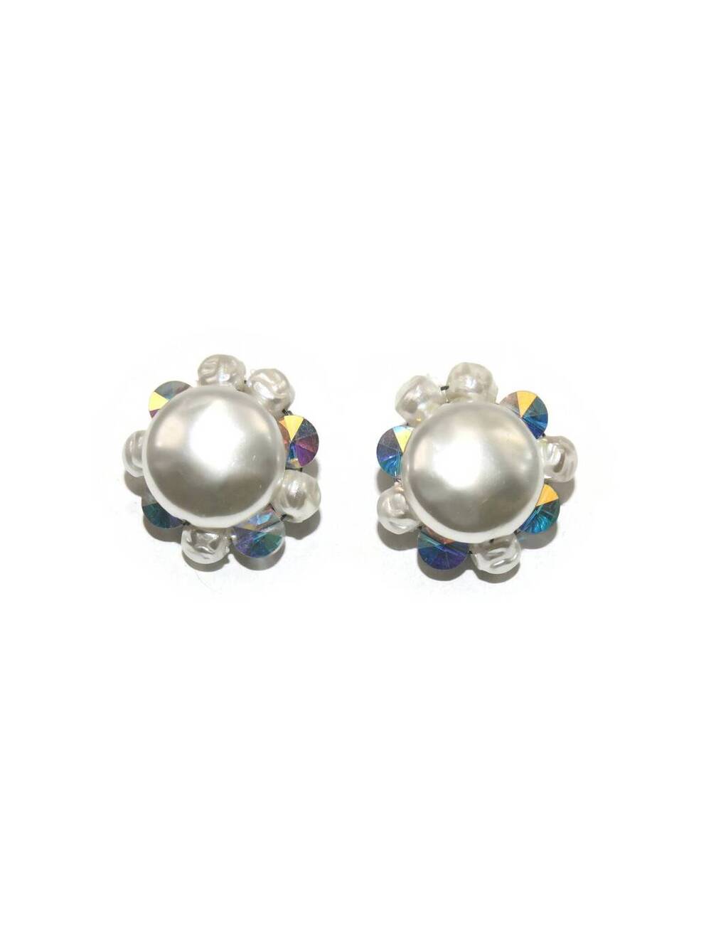 Vintage Faux Pearls and AB Rhinestones Clip on Earrings.